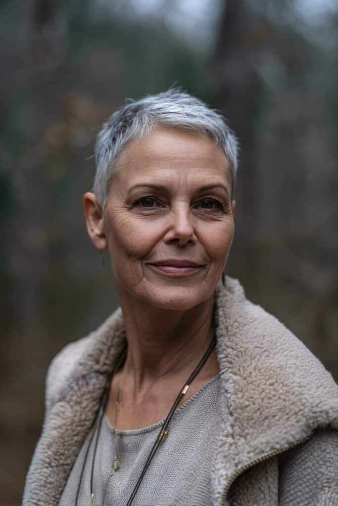 A mix of pixie and short haircut with shaved elements, combining texture and contrast.