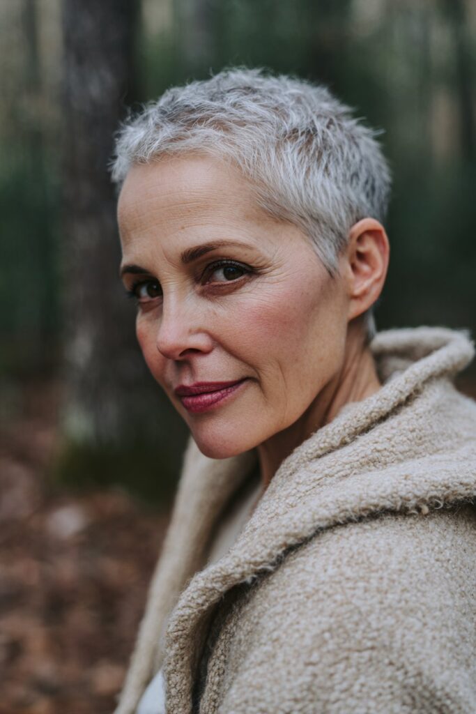 Hair styled into a short mohawk with closely shaved sides.