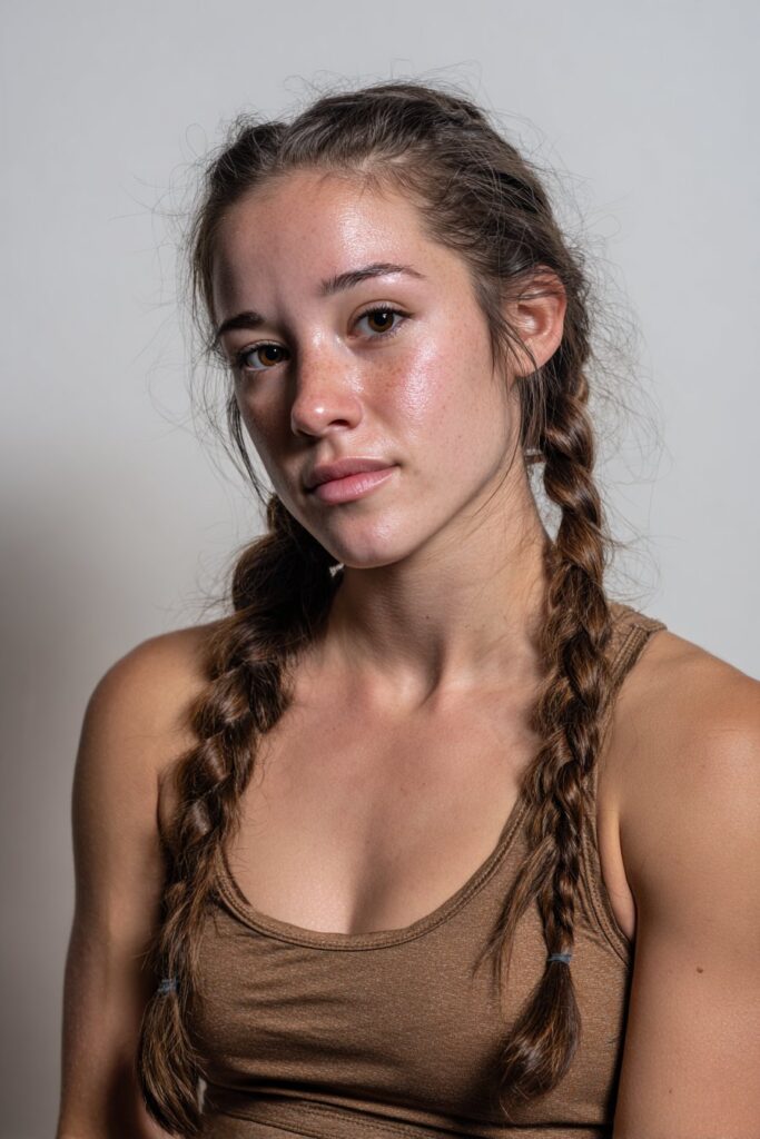 Braids on one or both sides combined with a low ponytail at the back.