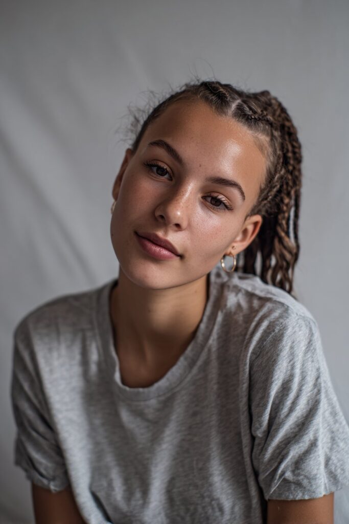 Braids follow a defined side part, creating an angled, face-framing feed-in style.