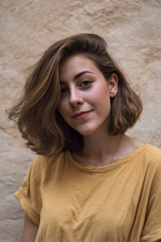 Naturally wavy curls styled with a side part for gentle, flowing movement.