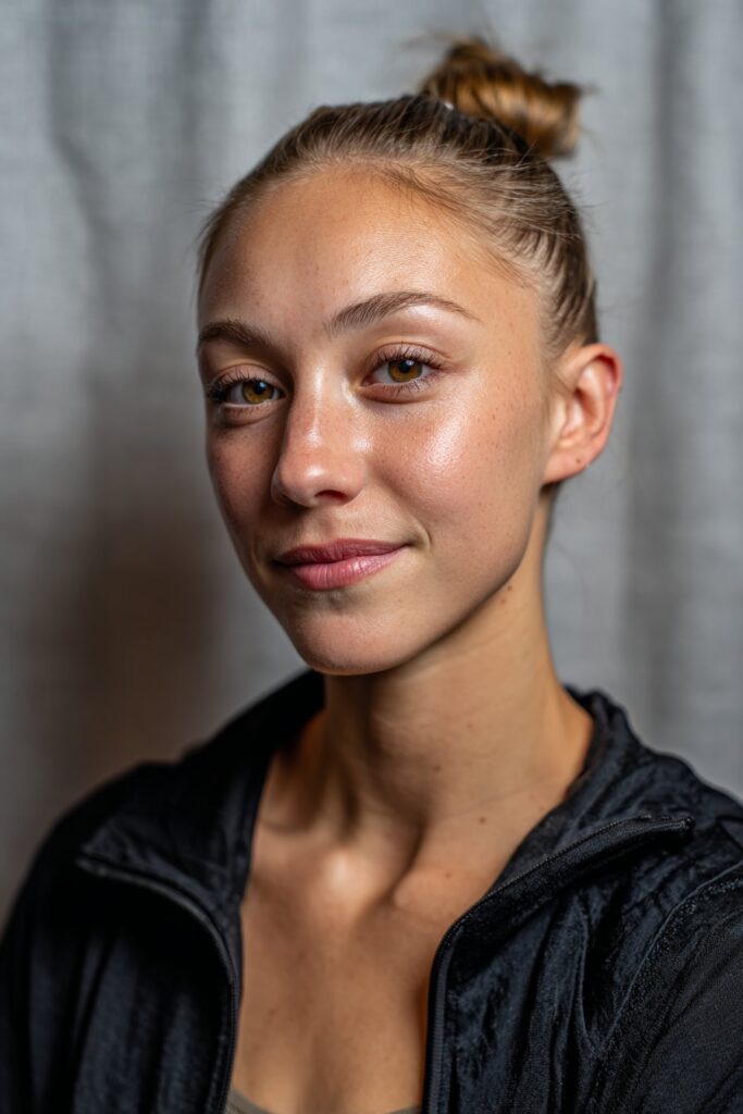 A sleek bun paired with flowing curtain bangs that frame the cheeks.