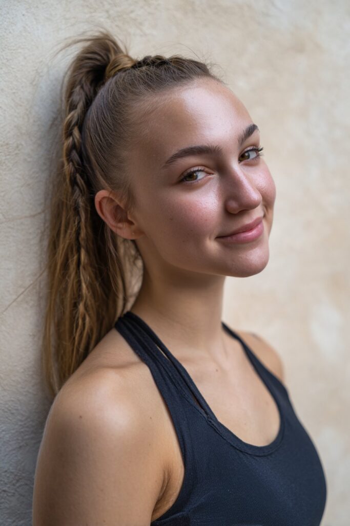 A smooth ponytail complemented by small braided bangs for a unique detail.