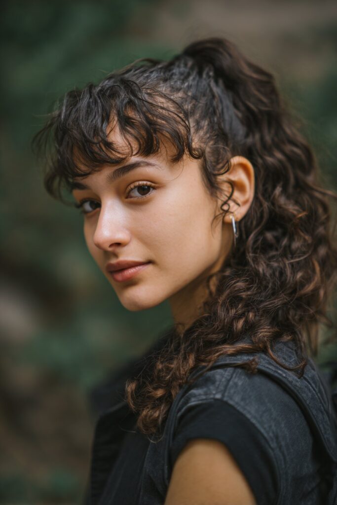 A sleek ponytail combined with naturally curly bangs for texture and contrast.