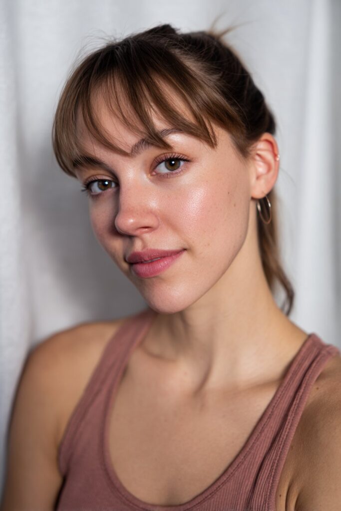 A smooth slicked-back ponytail paired with soft curtain bangs framing the face.