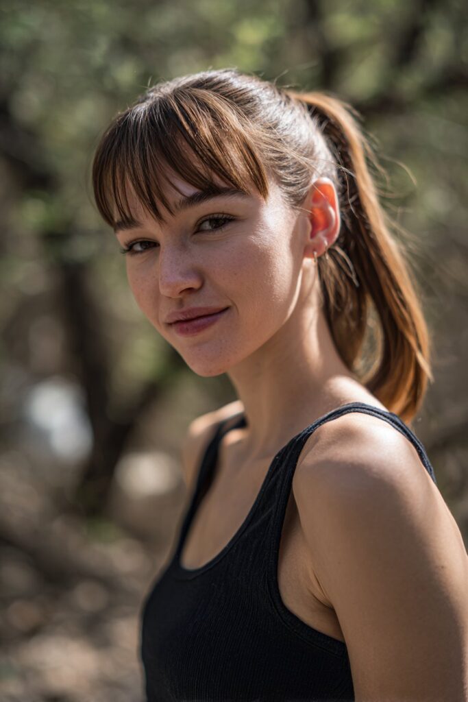 A sleek ponytail featuring sharply defined, gel-styled bangs.