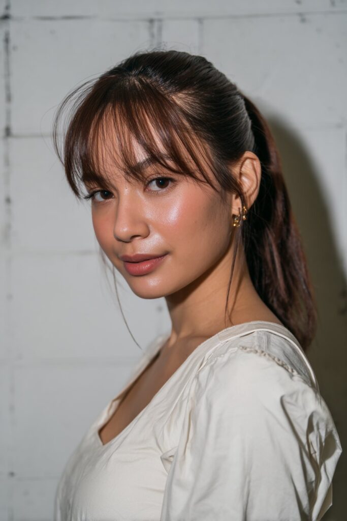 A smooth ponytail matched with short, eyebrow-grazing bangs.