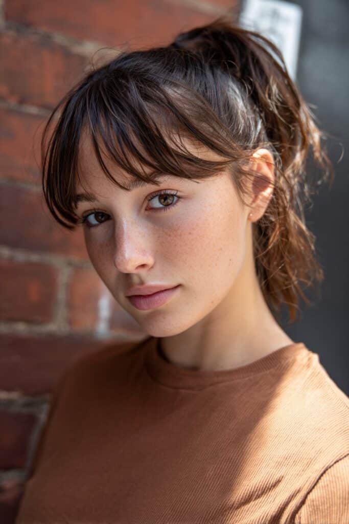 A polished ponytail accented with lightly tousled, textured bangs.