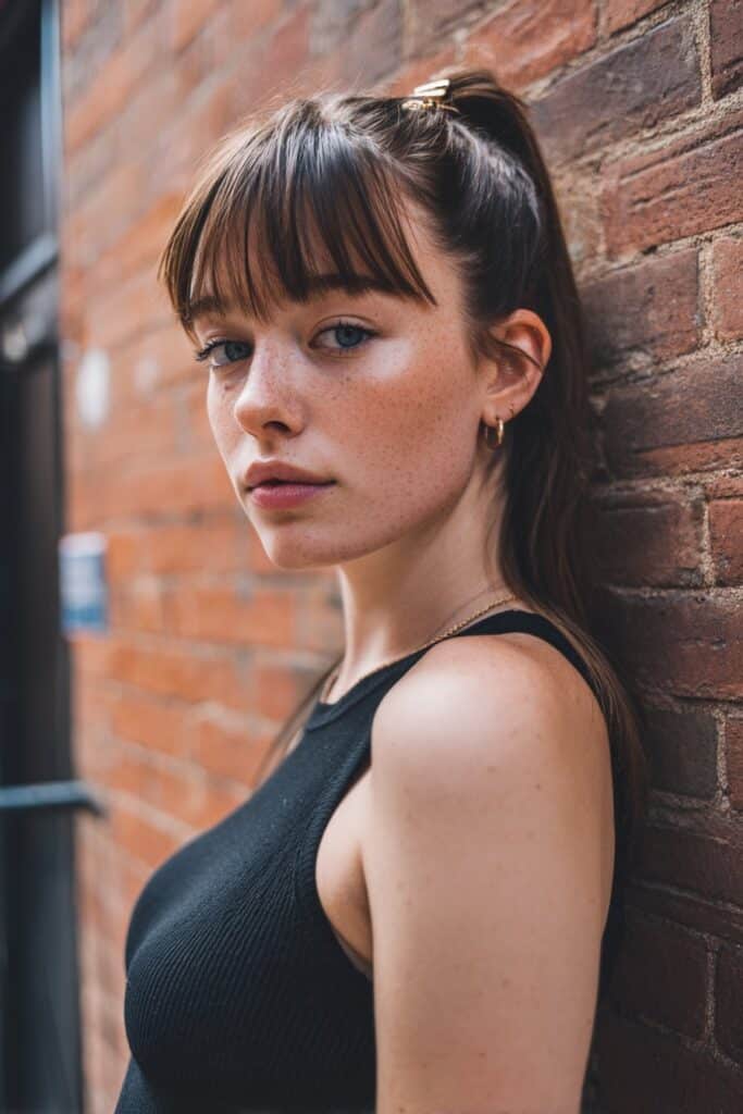 Hair slicked back and secured with a claw clip, with bangs left loose in front.