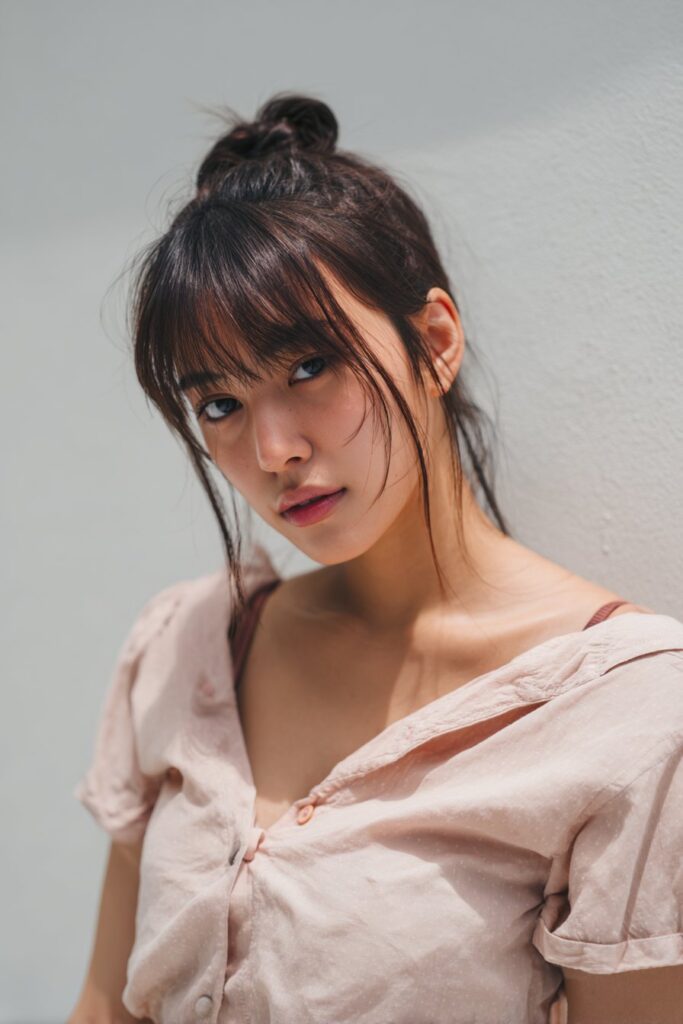 Hair slicked back at the top while the rest remains loose, paired with straight bangs.