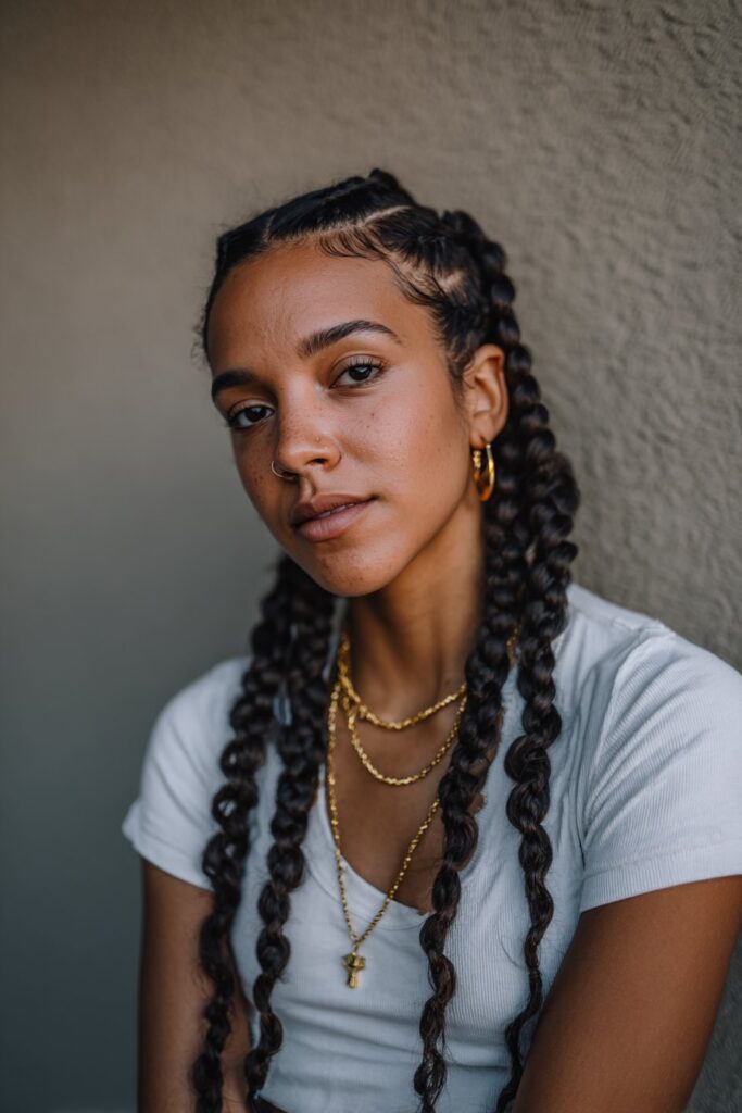 Curved swirl-pattern cornrows that blend into box braids for an intricate, artistic design.