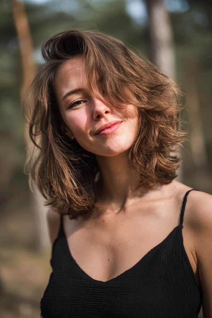 Medium butterfly layers styled with tousled waves for a relaxed, textured look.