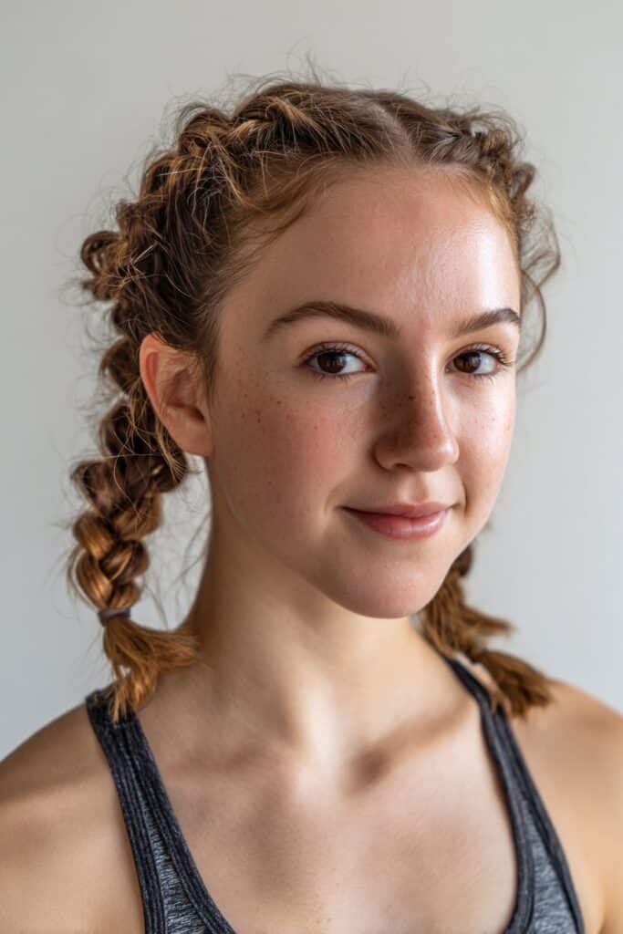 Hair styled into two tight, raised Dutch braids running from the hairline to the nape.