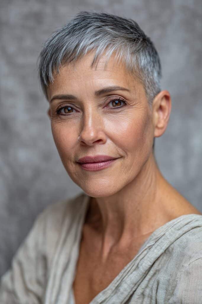 Hair shaved close on the sides and back, with longer hair on top swept to the side as bangs.