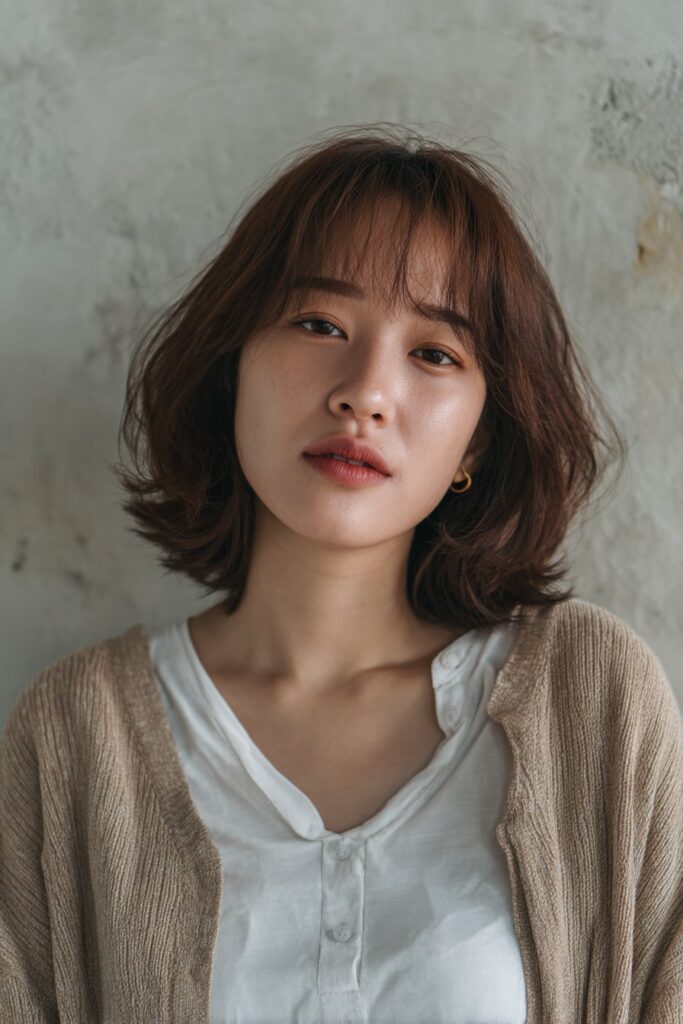 Full butterfly layers styled for extra volume, paired with choppy bangs for bold contrast.