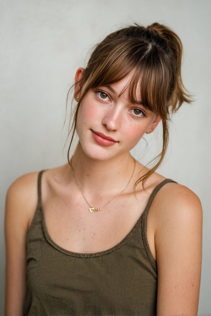 A lightly tousled ponytail combined with delicate, wispy bangs for a soft finish.