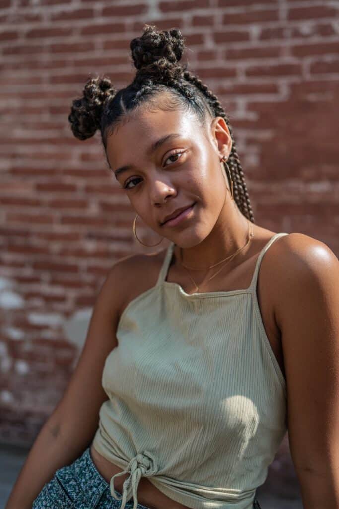 Zigzag-pattern cornrows leading into long box braids for a bold, geometric look.