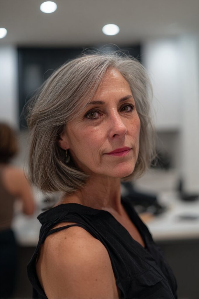 Asymmetrical bob with texture sassy hairstyle for older women