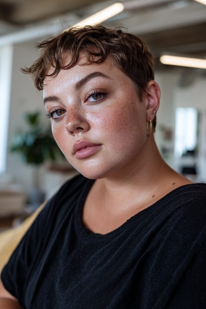 Asymmetrical pixie bob enhancing fat face and thin hair