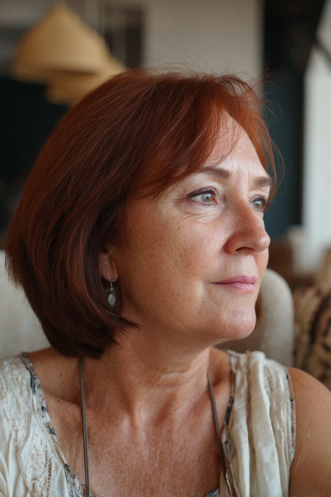 Auburn bob with side curtain bangs timeless old money look