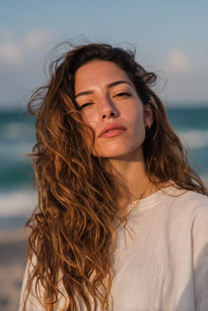 Beachy waves lob haircut for medium-length hair.