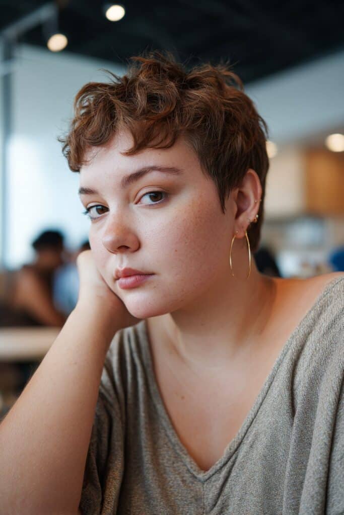 Bixie haircut with textured layers for fat face and thin hair