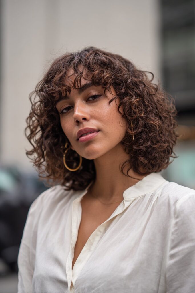 Medium curly hairstyle with blunt bangs