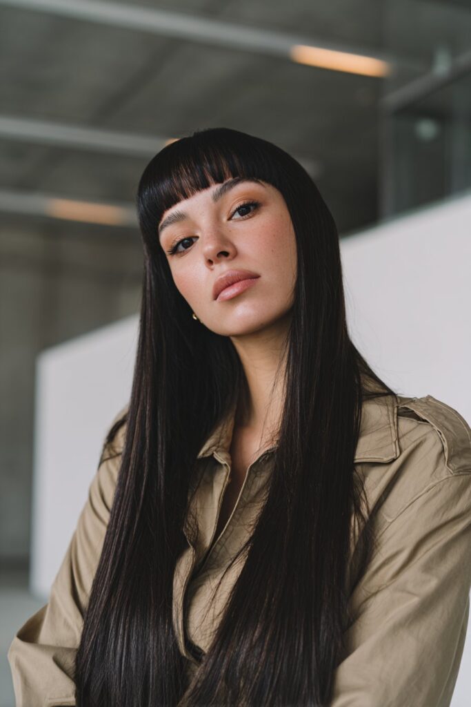 Blunt bangs with sleek long straight hair