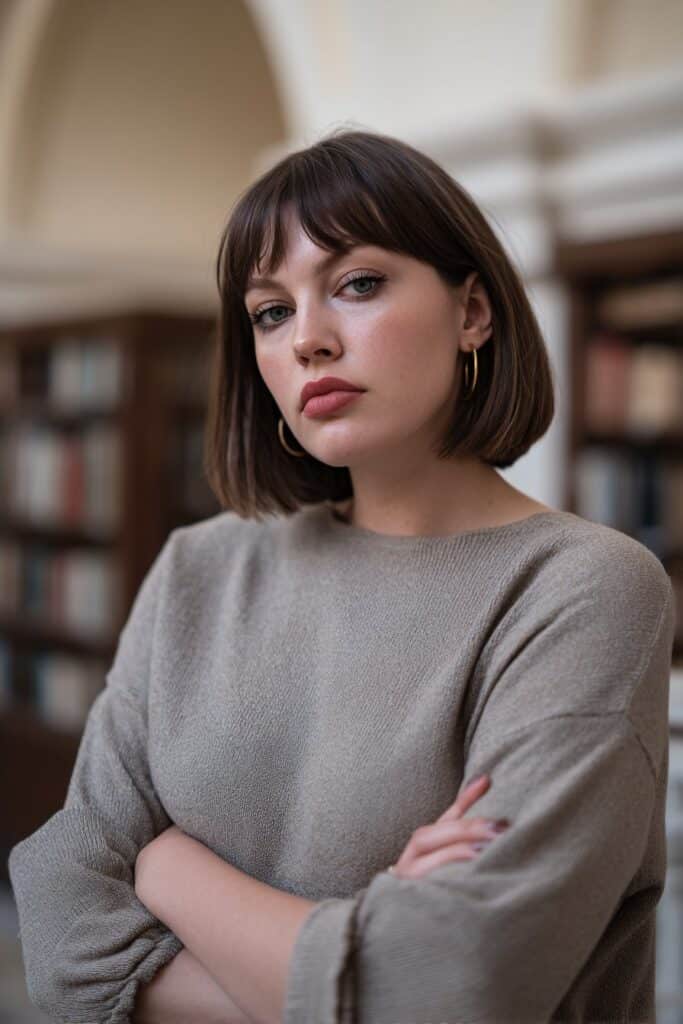 Blunt chin-length bob flattering fat face and thin hair