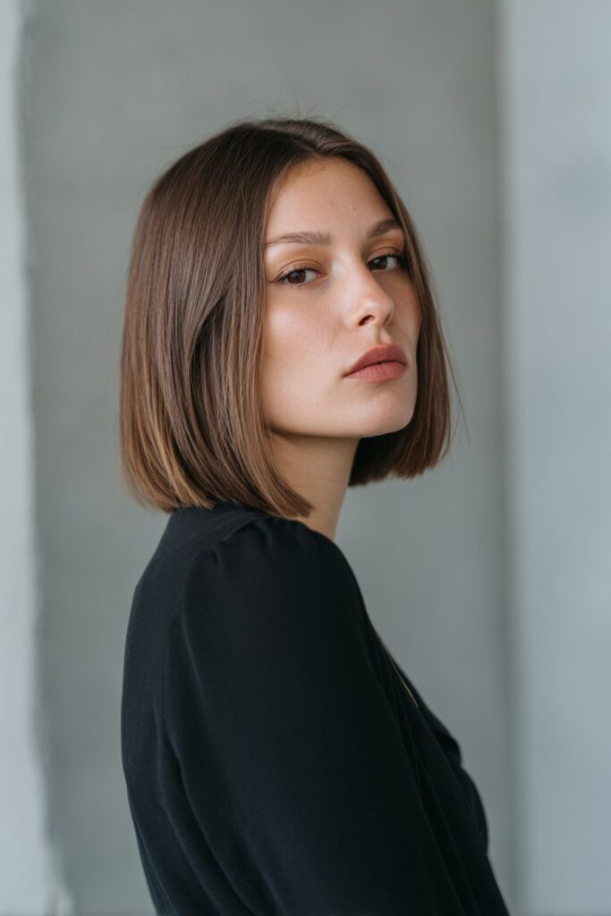Blunt lob hairstyle for women with medium hair.
