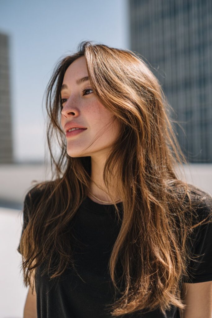 Bottleneck fringe with layered ends on long hair