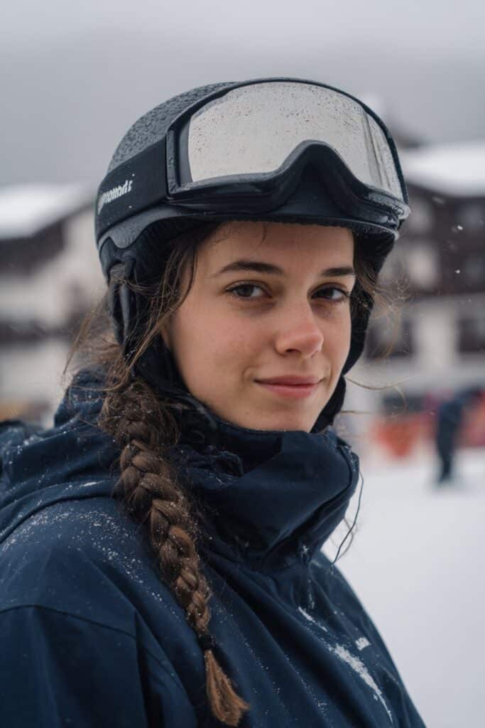 Woman wearing braided headband hairstyle with neat face-framing detail.