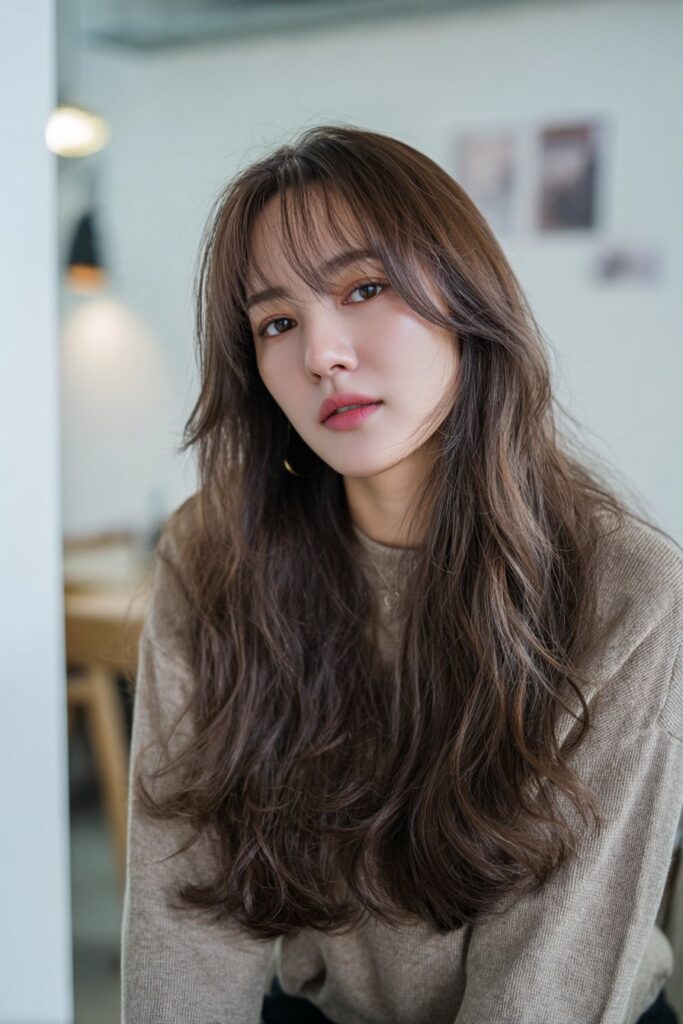 Butterfly layers with soft fringe on long hair