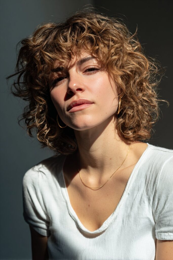 Medium curly hair with choppy bangs
