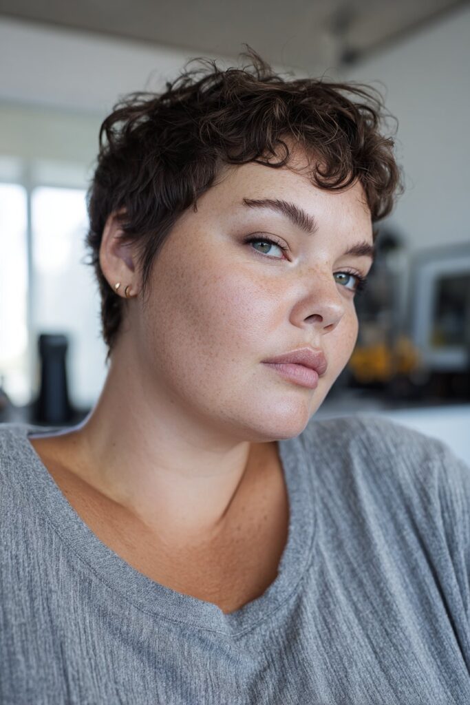 Choppy pixie haircut with side bangs for fat face and thin hair"