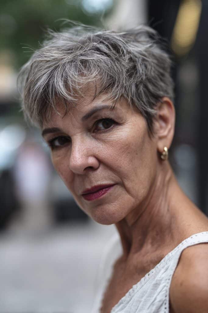 Choppy pixie hairstyle with textured fringe layers