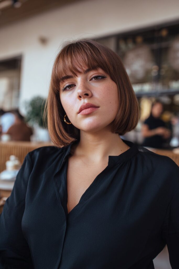 Classic bob with side-swept bangs flattering fat face and thin hair
