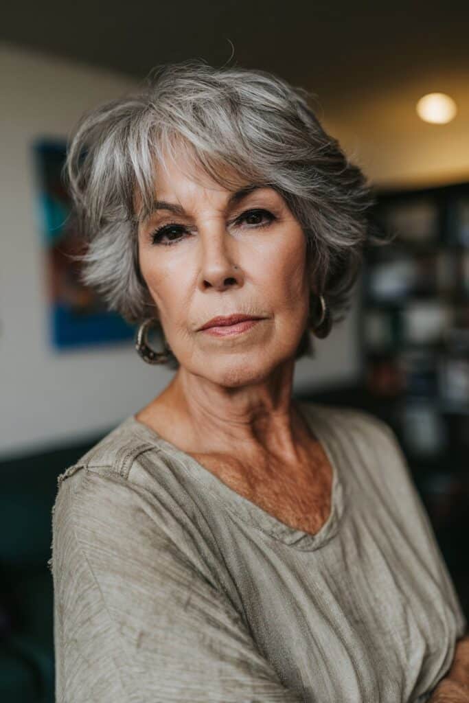 Classic short shag haircut for women over 60, low-maintenance wash and wear