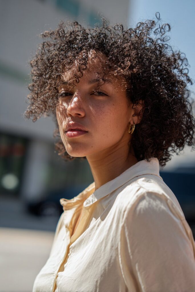 Coily curly hairstyle with micro bangs