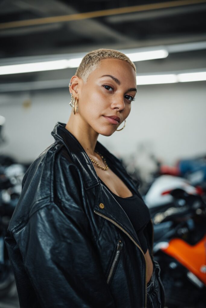 Short crop cut hairstyle for women biker look