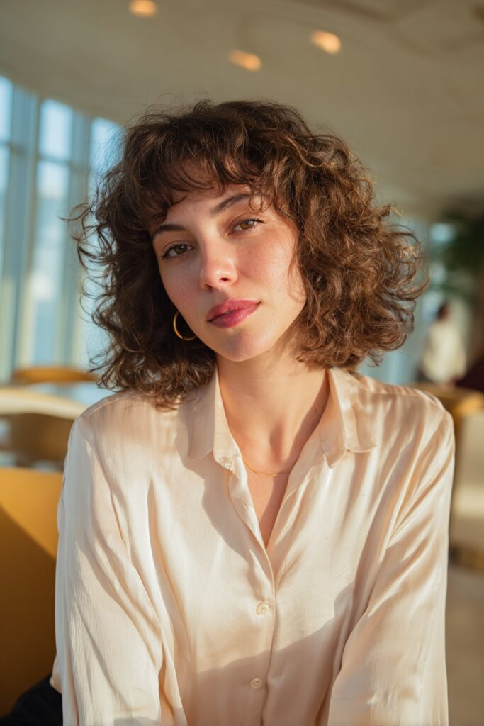 Curly bob hairstyle with curtain bangs