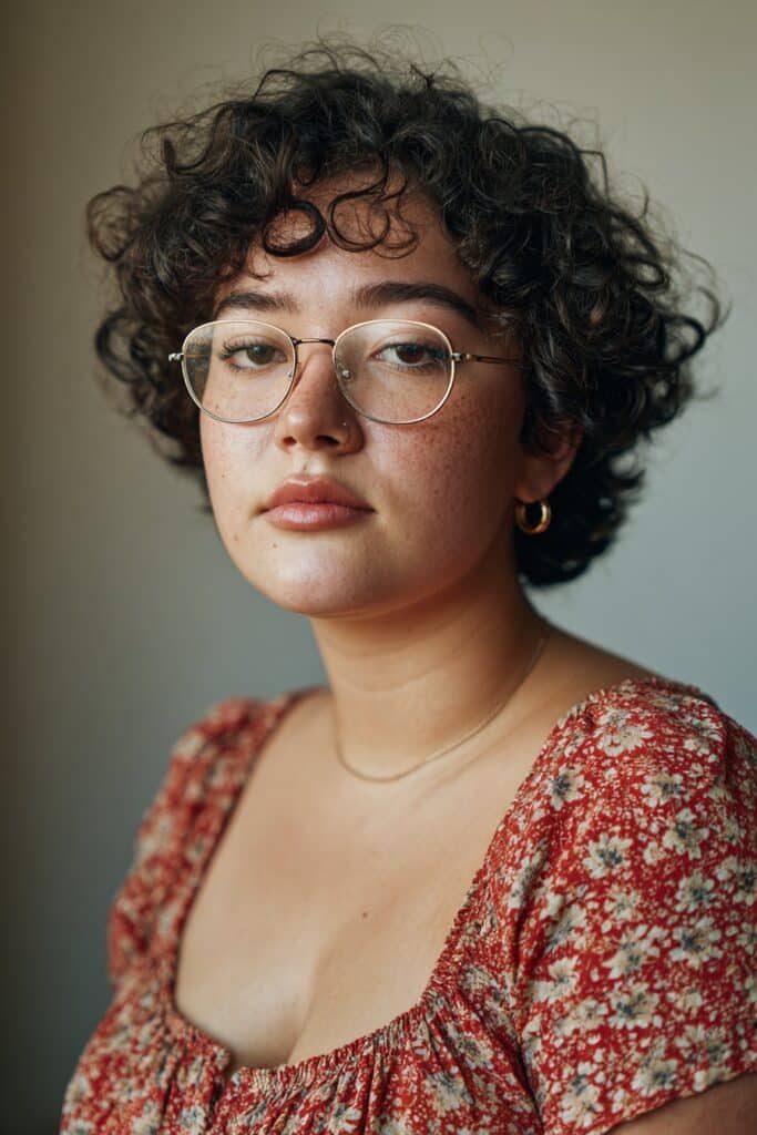 Curly bob hairstyle with face-framing layers for women.