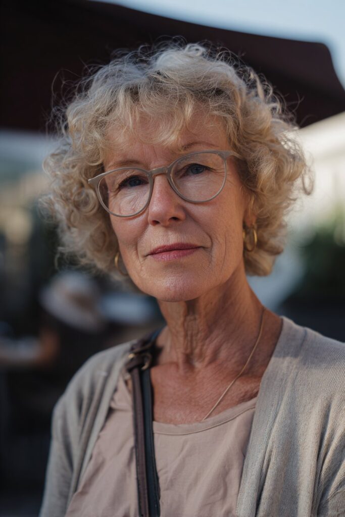 Curly bob with light layers for women over 70 with glasses