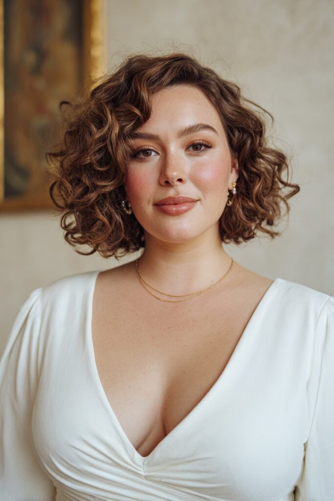 Curly bob haircut with side pieces for women
