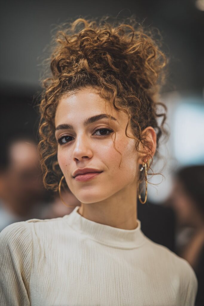 Curly faux hawk updo.