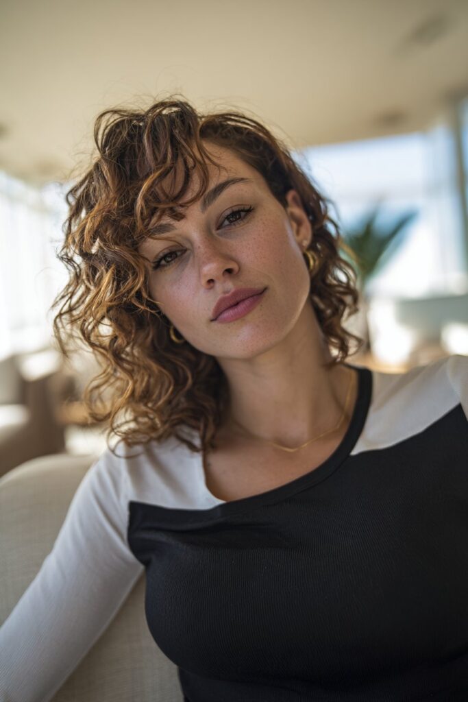 Curly lob haircut with side part