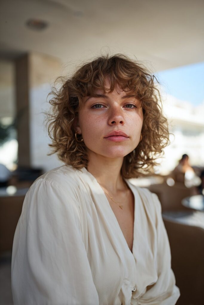 Curly shag hairstyle with airy bangs