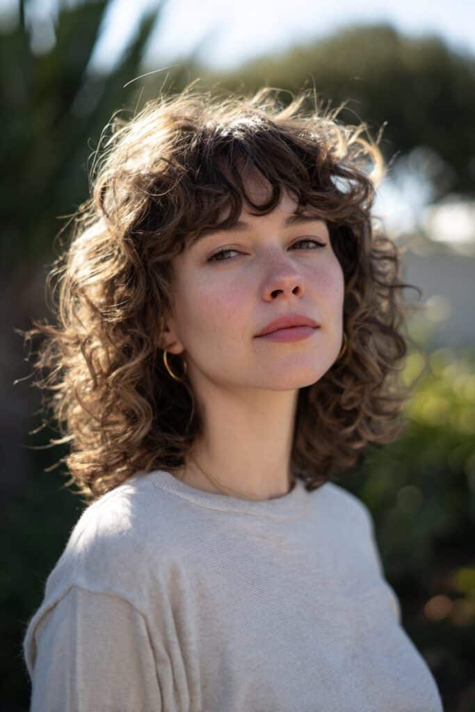 Curly shag haircut with curtain bangs