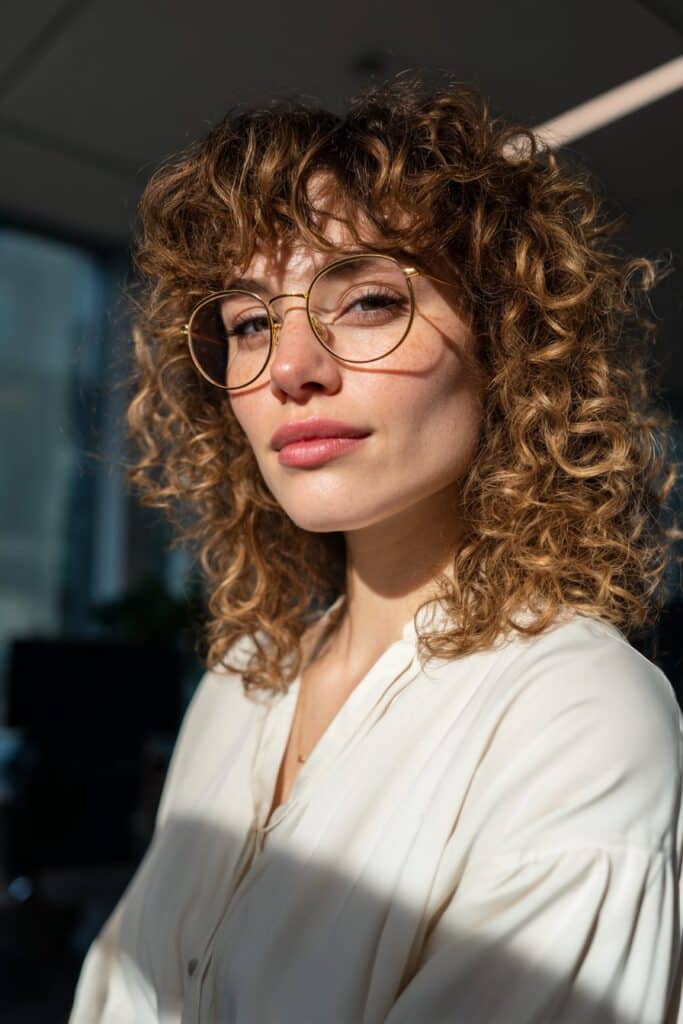 Curly shag hairstyle with bangs suitable for glasses