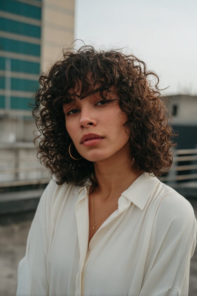 Curly shag haircut with micro bangs